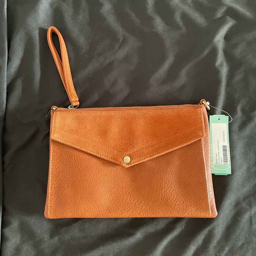 Tan Clutch with Leather Material and Envelope Shape